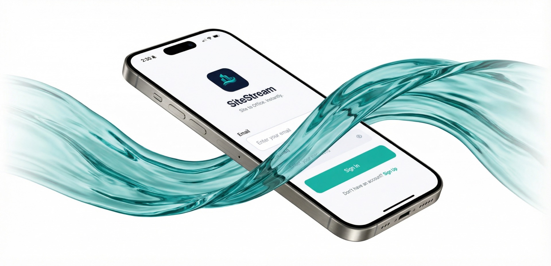 SiteStream app floating with a flowing teal stream