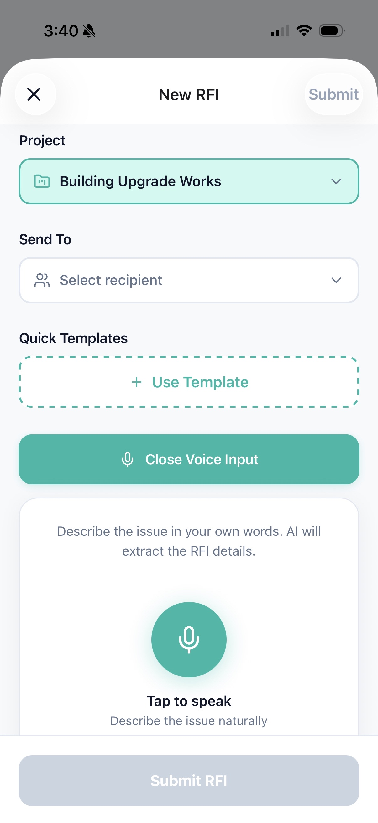 SiteStream New RFI voice input screen